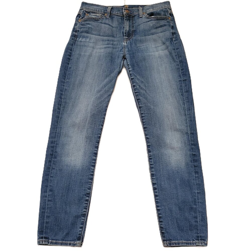 7 For All Mankind Cropped Skinny  Medium Wash Distressed Jeans Sz 28